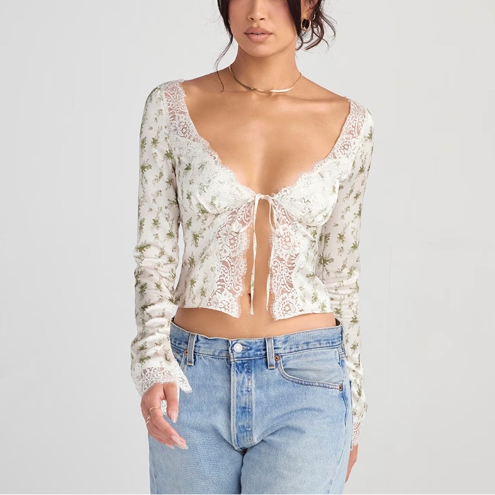 House of CB White Lace Tie-Front Floral Crop Top